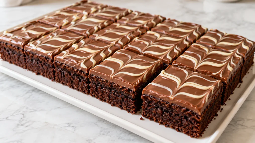 Mary Berry chocolate traybake with smooth chocolate icing and a white chocolate feather pattern