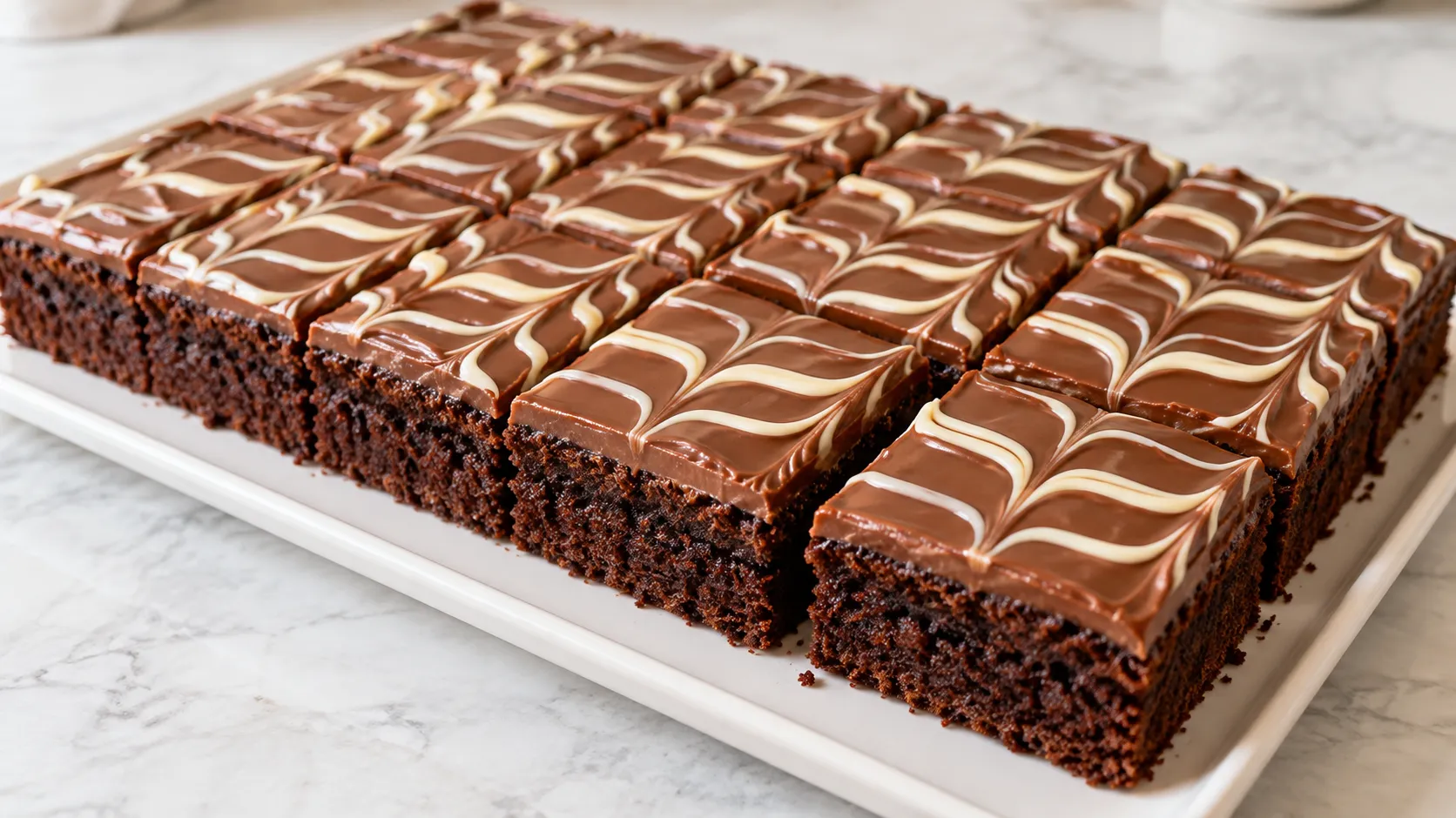 Mary Berry chocolate traybake with smooth chocolate icing and a white chocolate feather pattern