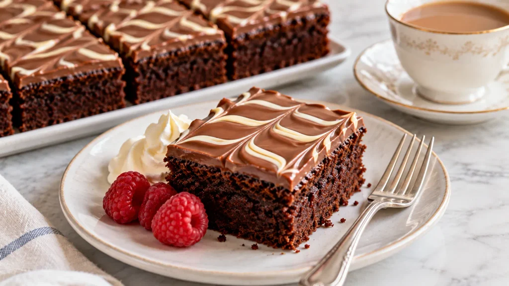 Sliced chocolate traybake squares with feather icing served for sharing