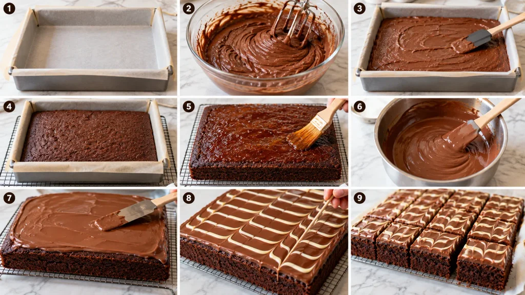 Step-by-step collage showing how to make Mary Berry chocolate traybake, from mixing the batter to feathering the icing