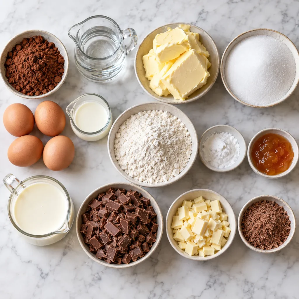 Flat-lay of the ingredients for Mary Berry chocolate traybake, including cocoa, eggs, flour, cream and chocolate
