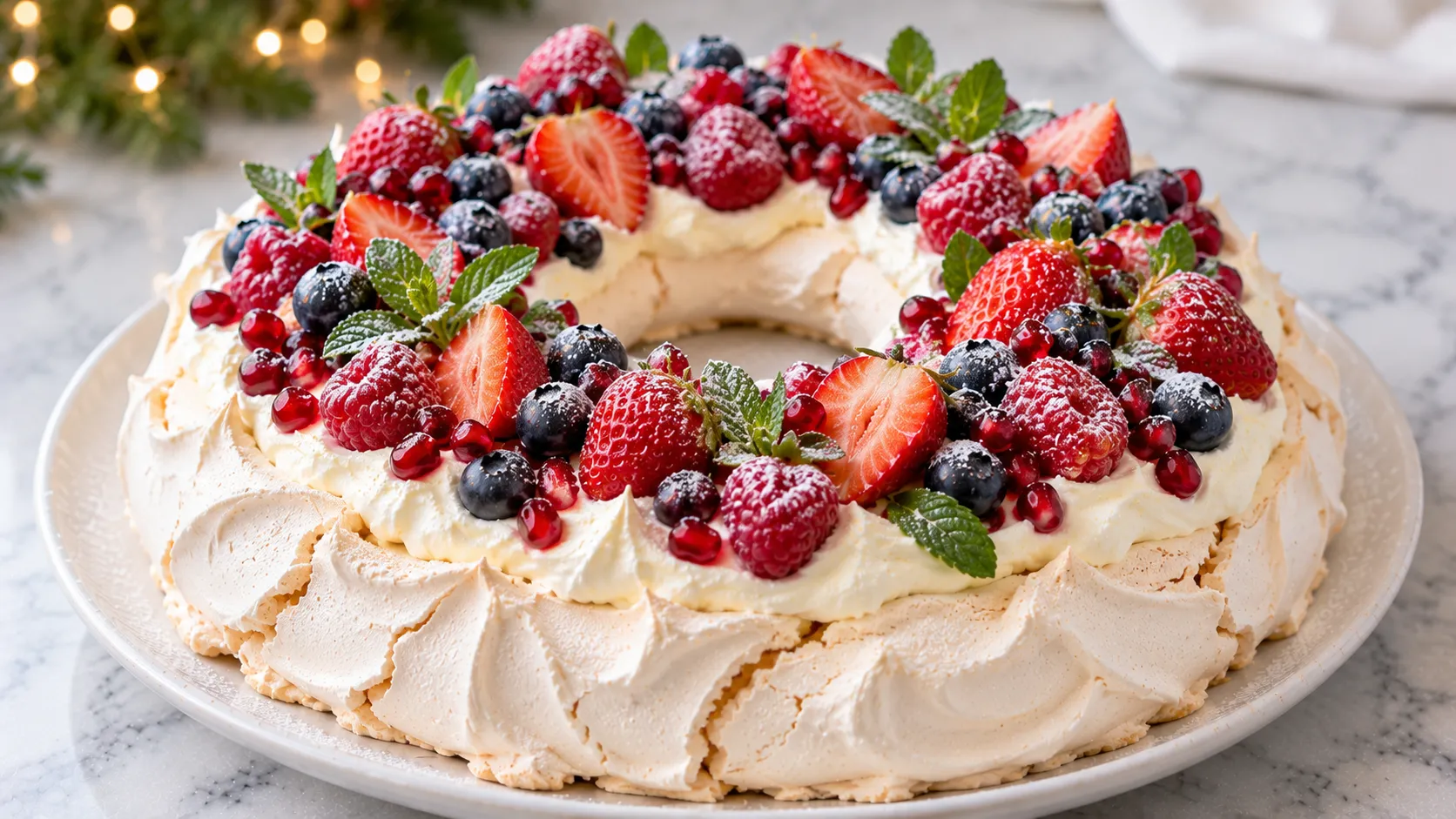 Mary Berry Christmas Wreath Pavlova with whipped cream, berries, pomegranate and mint