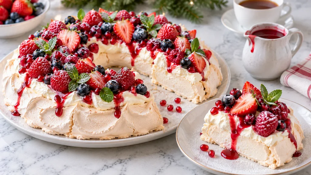 Christmas wreath pavlova served with whipped cream, berries, pomegranate seeds and mint