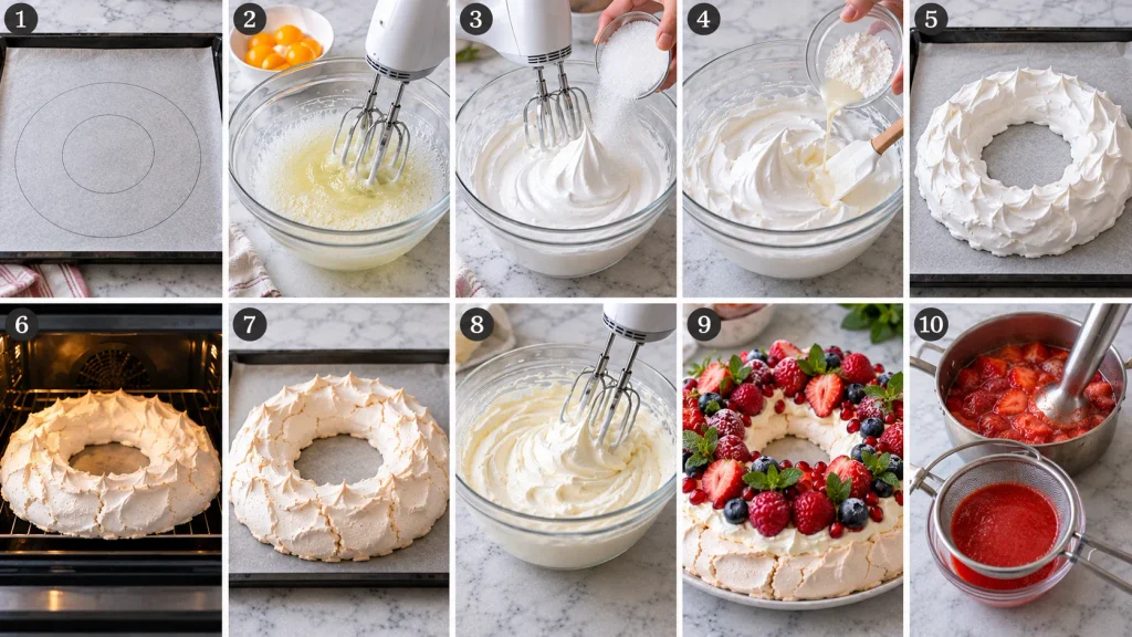 Step-by-step preparation of Mary Berry Christmas Wreath Pavlova from meringue to finished wreath