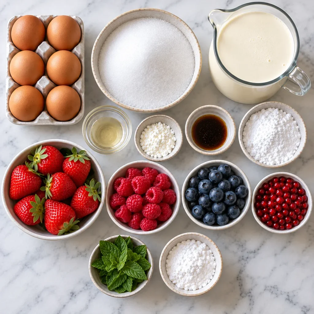 Ingredients for Mary Berry Christmas Wreath Pavlova with eggs, sugar, cream and fresh fruit