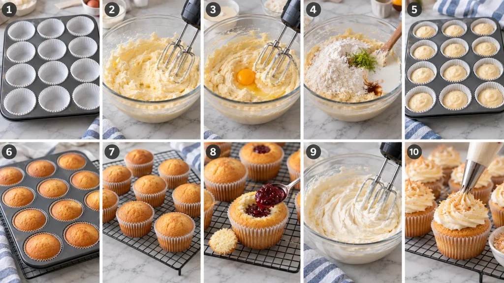 Step-by-step baking process for coconut cupcakes, from mixing the batter to piping coconut buttercream