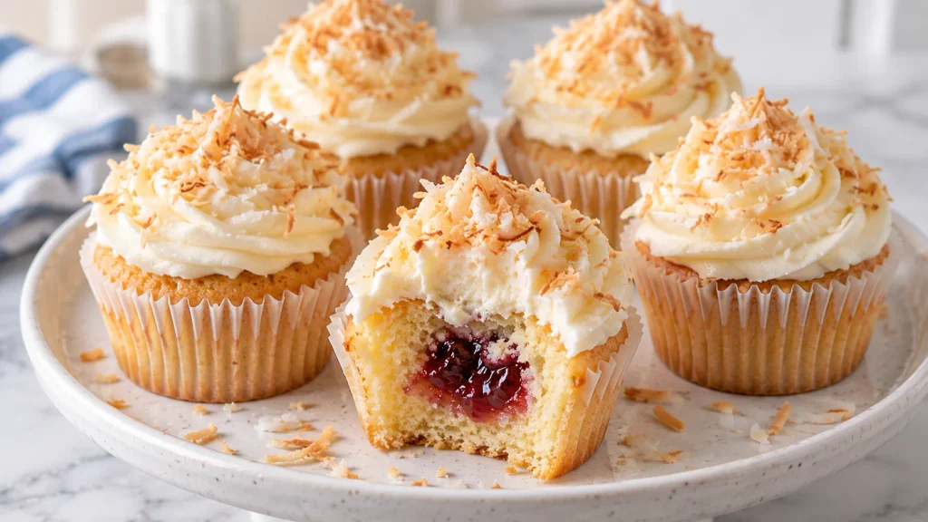 Mary Berry Coconut Cupcakes Recipe topped with swirled coconut buttercream and sprinkled coconut