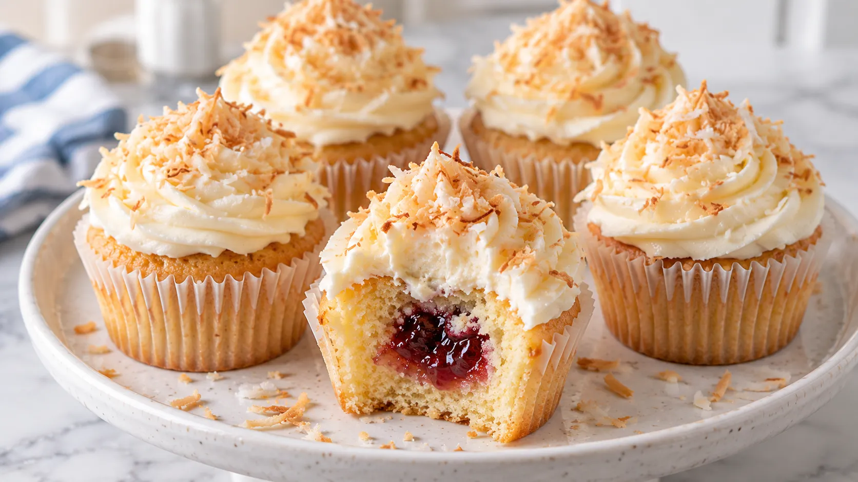 Mary Berry Coconut Cupcakes Recipe topped with swirled coconut buttercream and sprinkled coconut