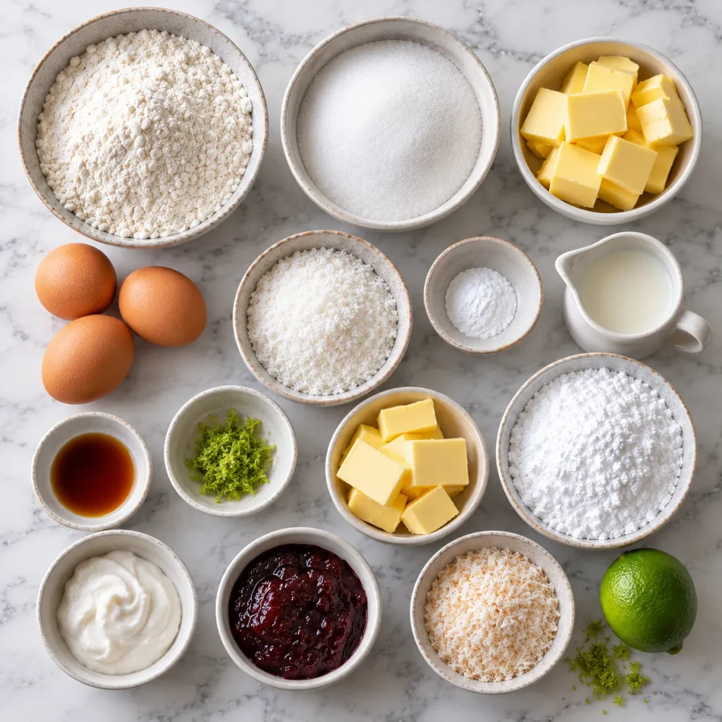 Flat-lay of ingredients for Mary Berry Coconut Cupcakes Recipe including flour, eggs, butter, desiccated coconut and berry jam