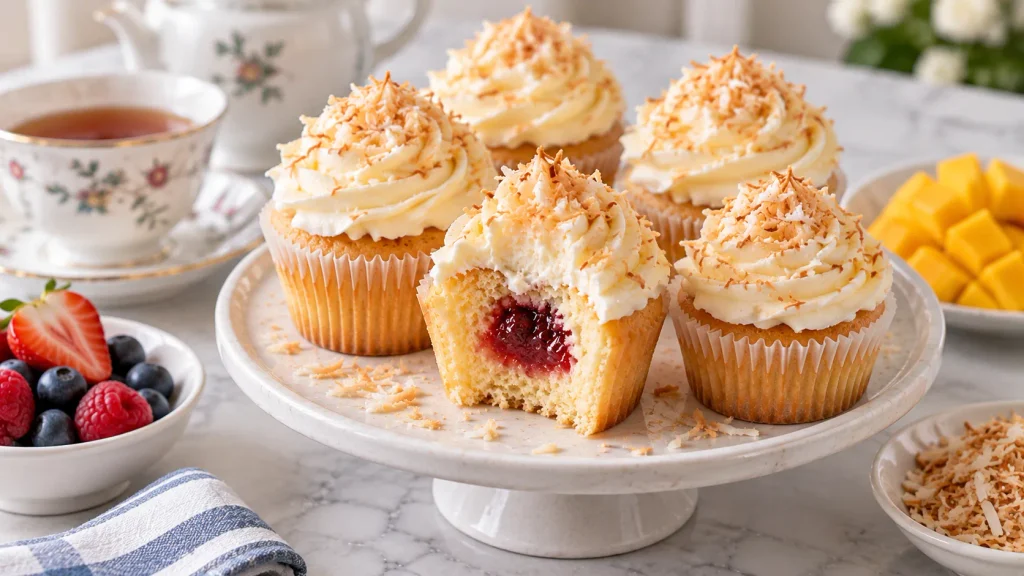 Coconut cupcakes with jam filling and coconut buttercream arranged for serving at afternoon tea