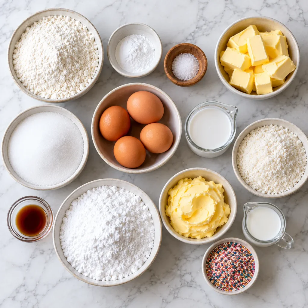 Flat-lay of ingredients for coconut traybake including desiccated coconut, coconut milk, and icing sugar