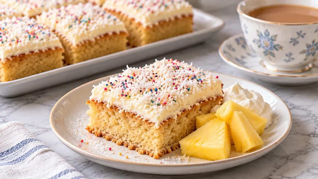 Slice of coconut traybake served with a cup of tea