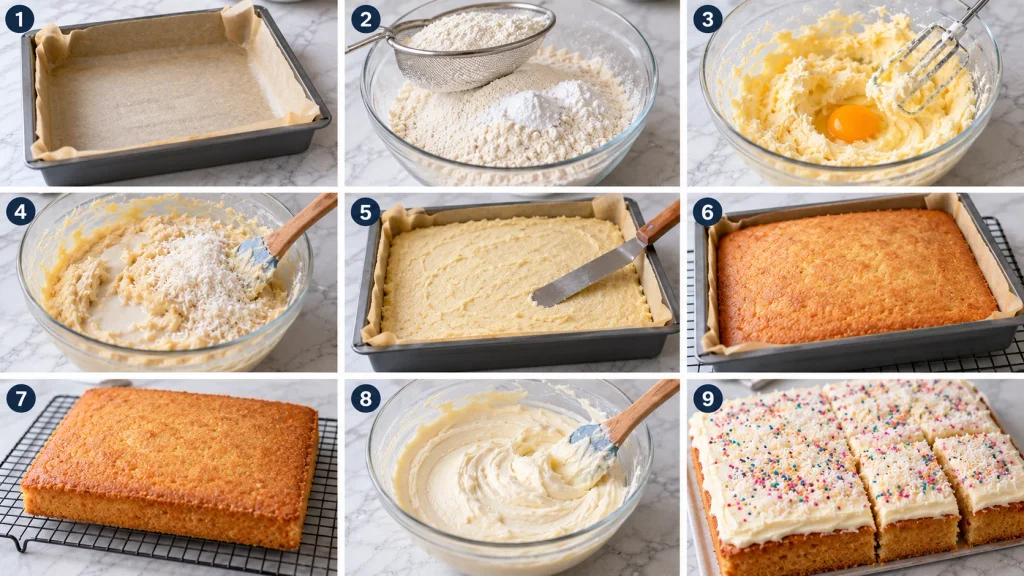 Step-by-step panels showing coconut sponge batter being mixed, baked, and iced