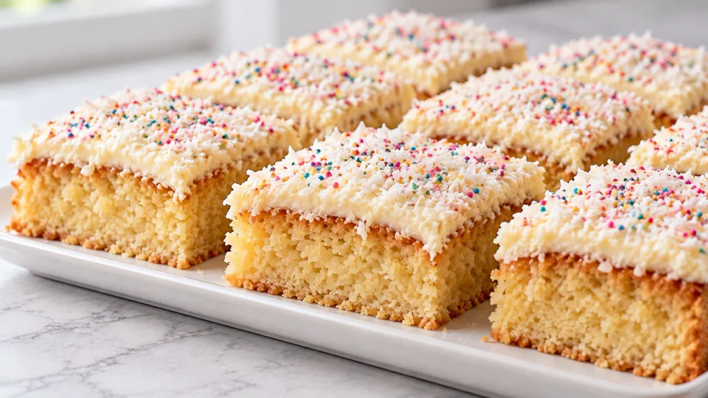 Mary Berry coconut traybake topped with coconut icing and desiccated coconut
