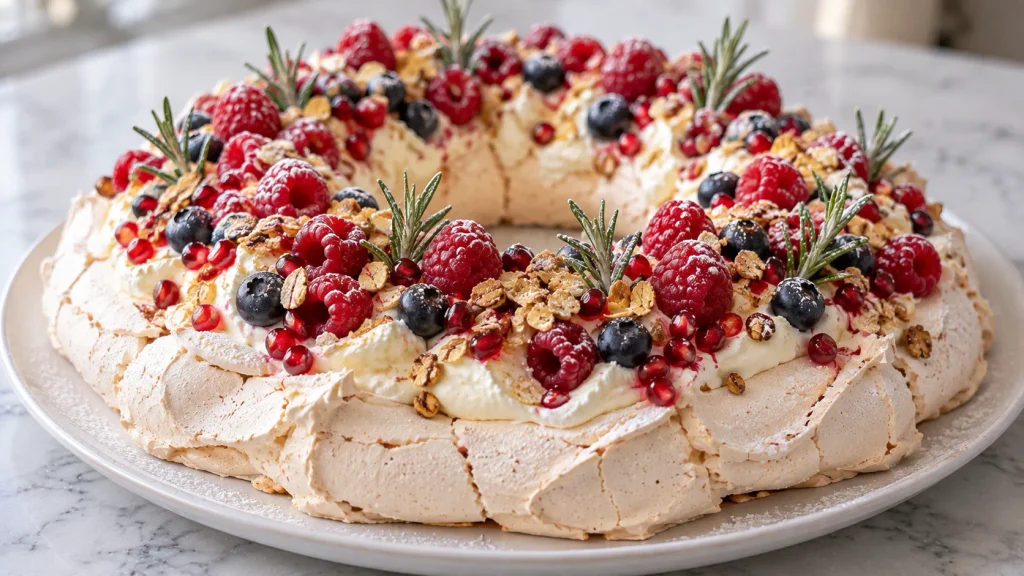 Mary Berry Cranachan Pavlova Recipe with crisp meringue, whisky cream, berries and toasted oats