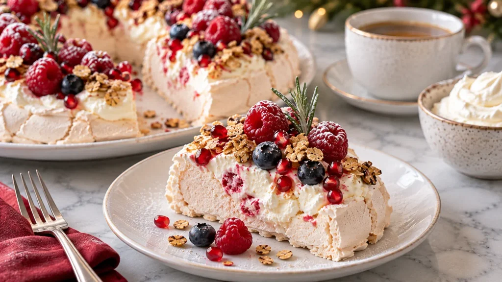 Mary Berry Cranachan Pavlova served in wedges with berries, toasted oats, rosemary and icing sugar