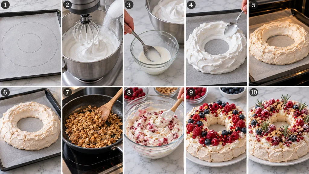 Mary Berry Cranachan Pavlova Recipe cooking process showing meringue preparation, toasted oats and assembly
