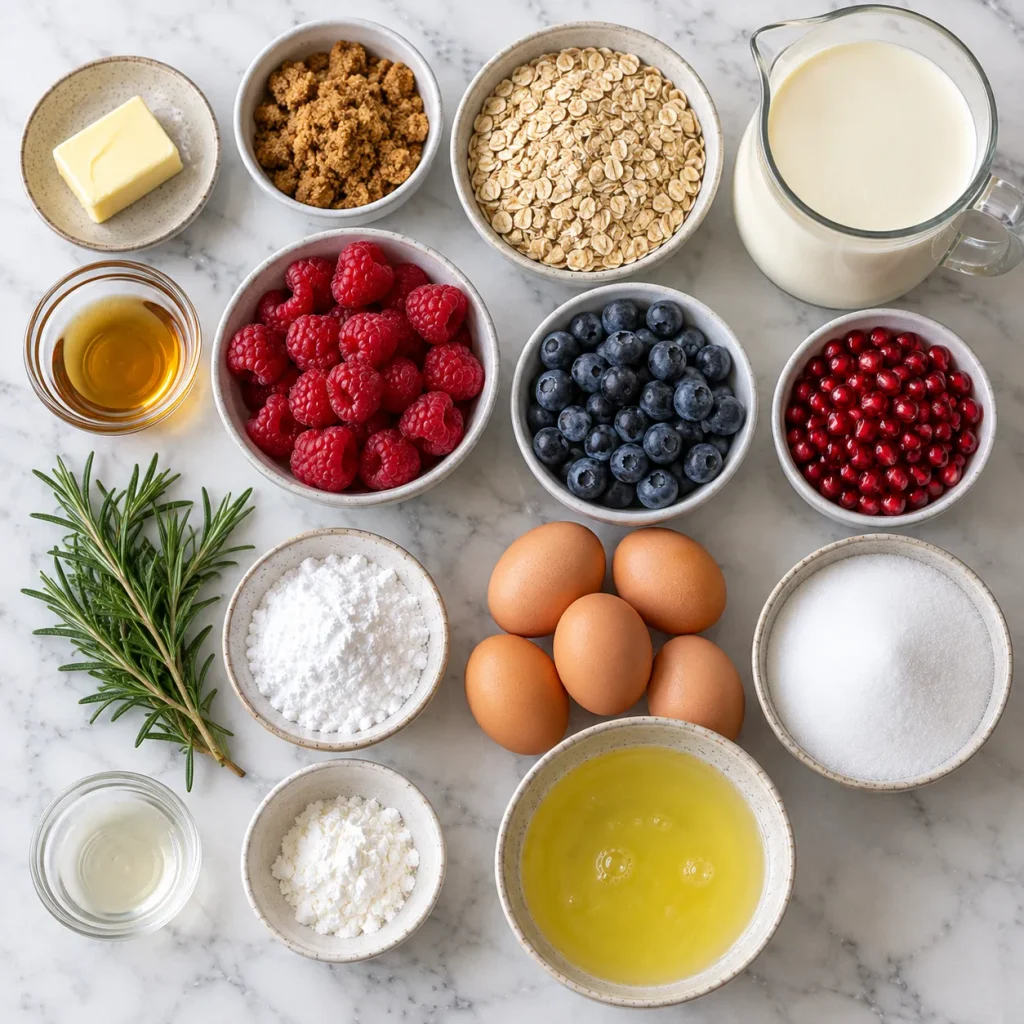 Ingredients for Mary Berry Cranachan Pavlova Recipe including eggs, sugar, oats, cream, whisky and berries