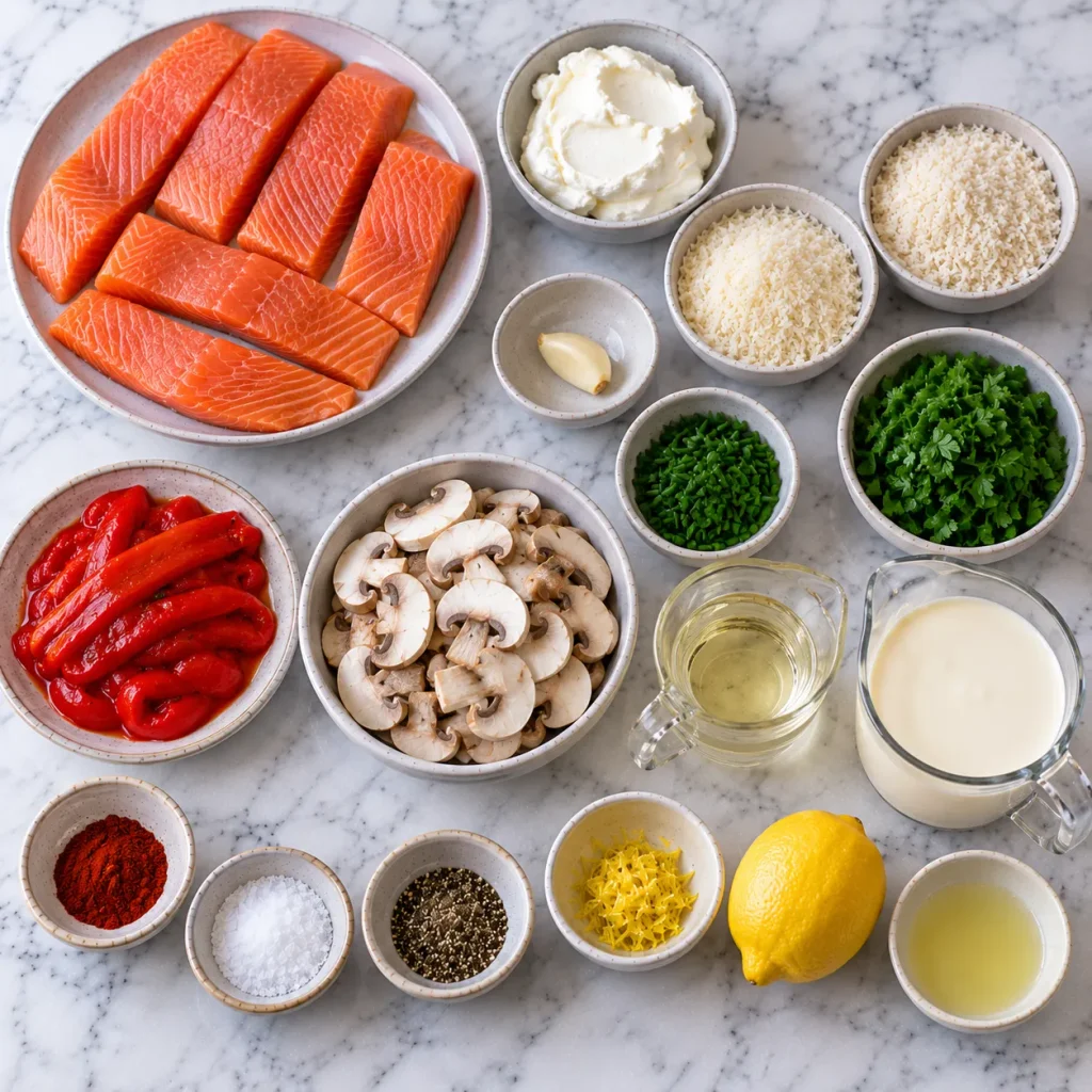 Ingredients for Mary Berry Cream Cheese Salmon Recipe including salmon, cream cheese, Parmesan, mushrooms and herbs