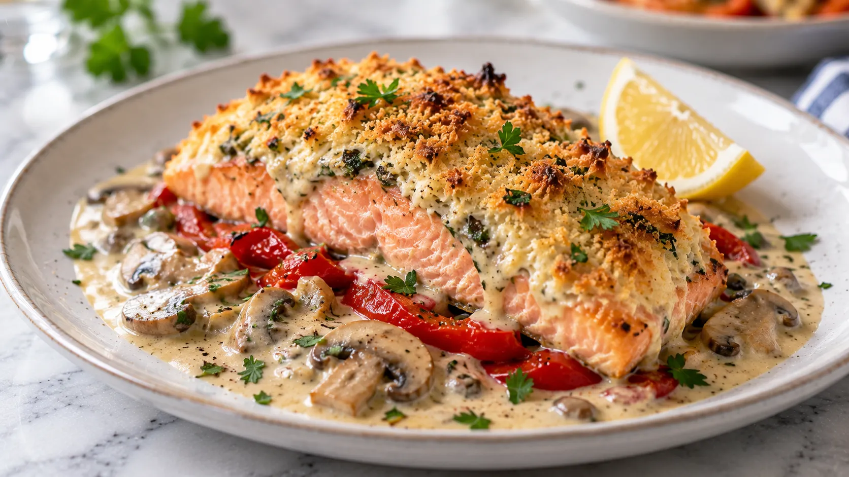 Mary Berry Cream Cheese Salmon Recipe with golden Parmesan crust and creamy mushroom sauce