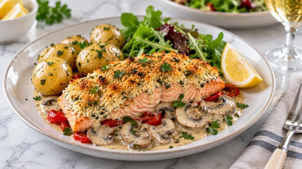 Mary Berry Cream Cheese Salmon served with creamy mushroom sauce, parsley and lemon