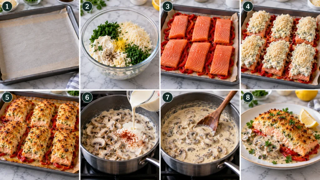 Step-by-step preparation of Mary Berry Cream Cheese Salmon with creamy topping and mushroom sauce