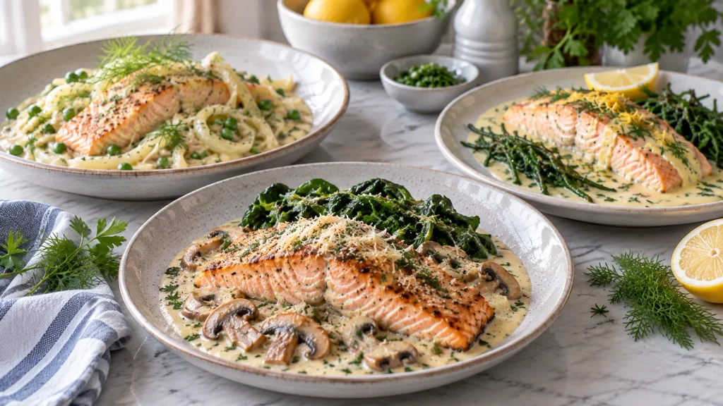 Mary Berry creamy salmon recipes with mushroom sauce, fennel and peas, and creamy lemon sauce