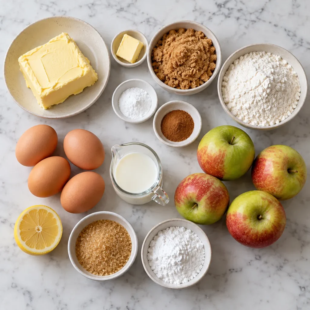Flat-lay of ingredients for Mary Berry Dorset Apple Traybake, including sliced apples, flour, eggs, and butter