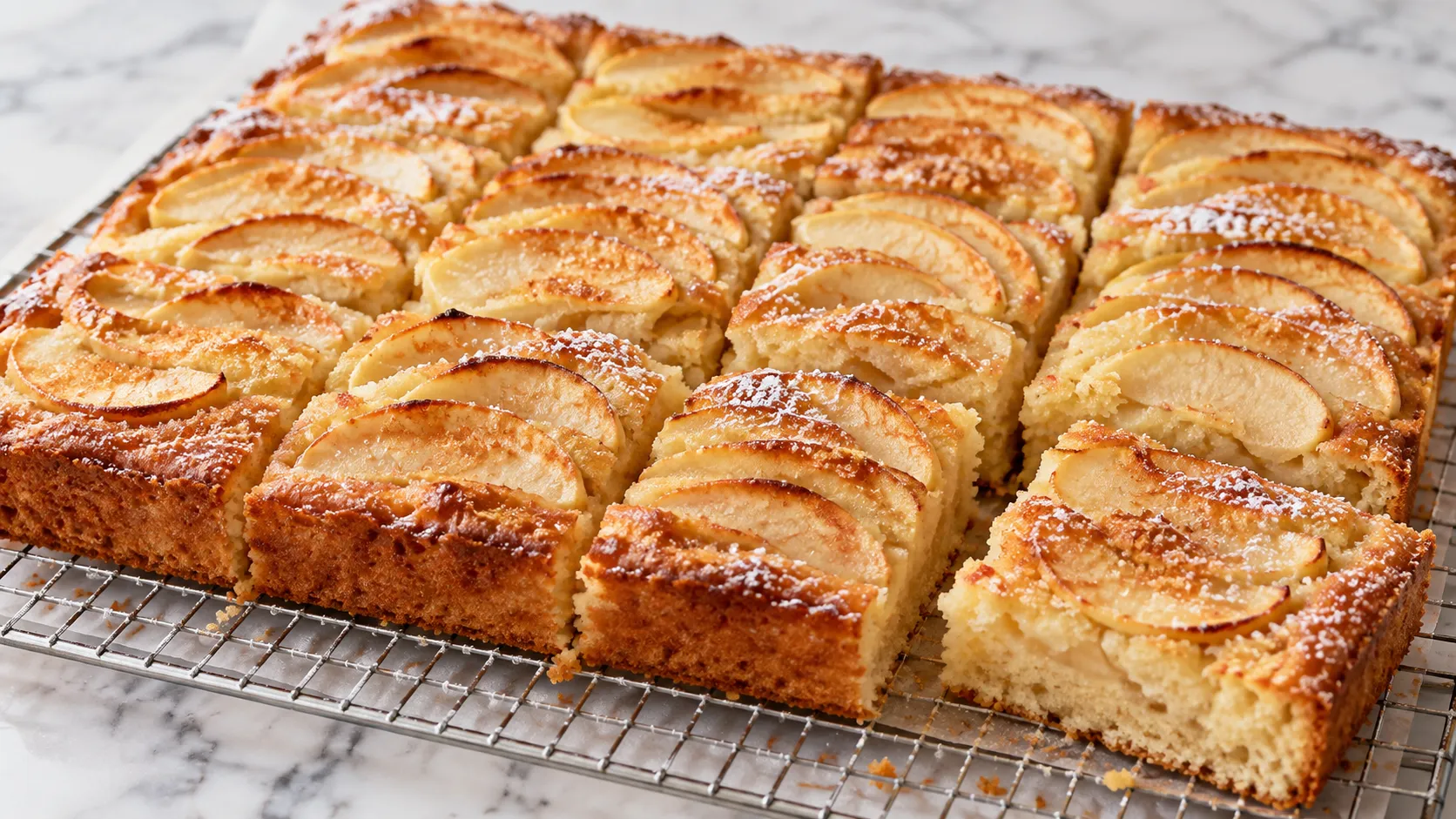 Mary Berry Dorset Apple Traybake dusted with icing sugar on a wire rack