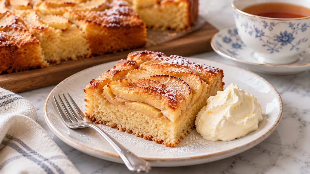 Sliced Dorset Apple Traybake served with a dollop of clotted cream and a cup of tea