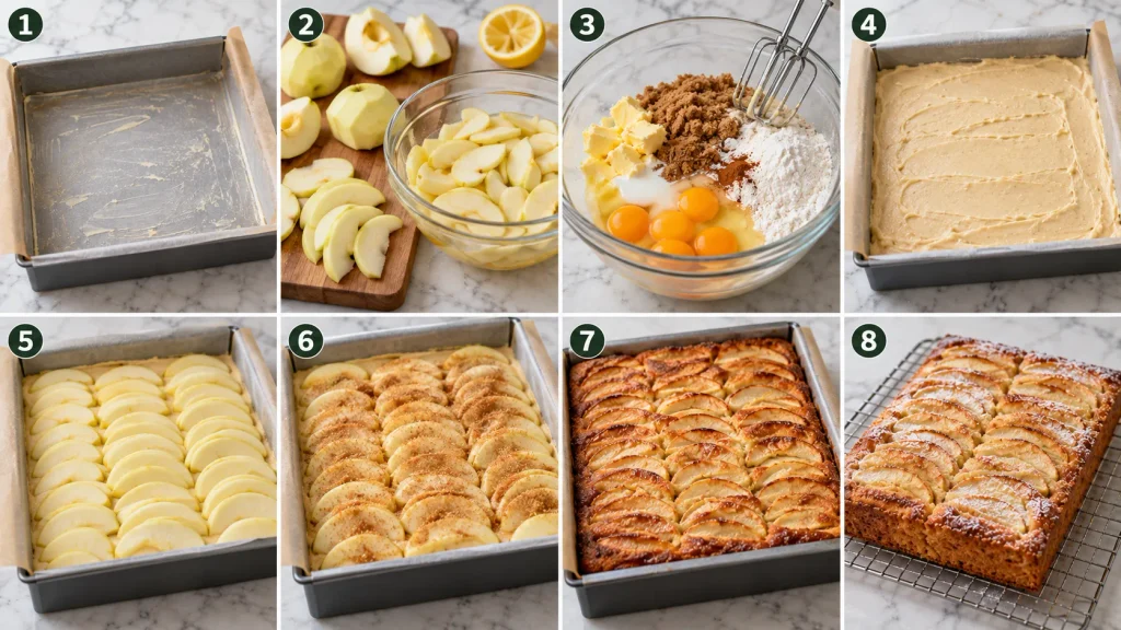 Step-by-step panels showing batter mixing, apple layering, and baking of the Dorset Apple Traybake