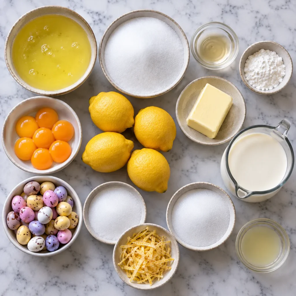 Ingredients for Mary Berry Easter Lemon Pavlova including eggs, lemons, butter, cream and chocolate mini-eggs
