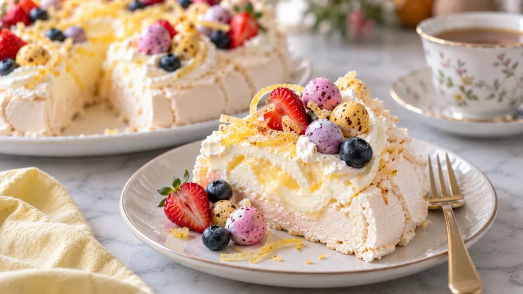 Easter lemon pavlova served with lemon cream, chocolate mini-eggs and candied lemon zest