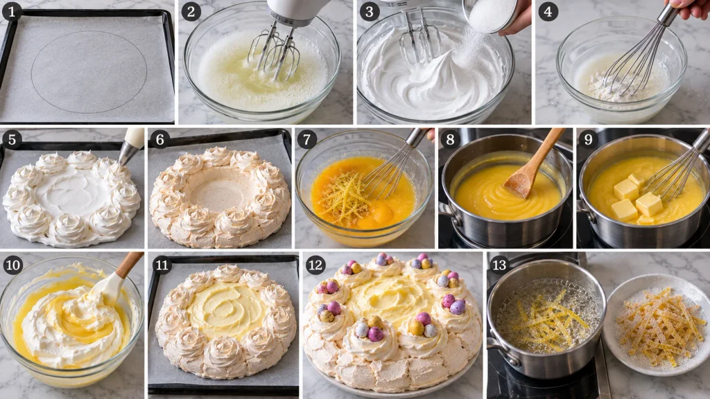 Step-by-step preparation of Mary Berry Easter Lemon Pavlova with meringue, lemon curd and chocolate mini-eggs