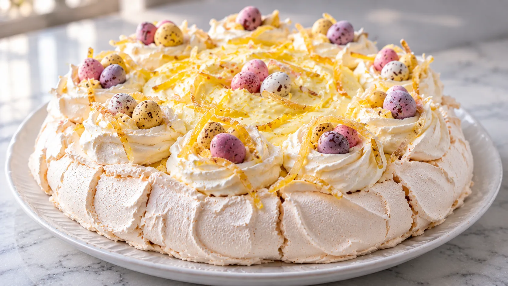 Mary Berry Easter Lemon Pavlova with lemon cream, chocolate mini-eggs and candied lemon zest