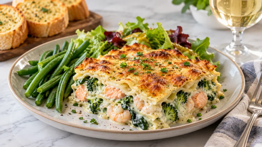 Mary Berry Fish Lasagne served with fresh herbs and suitable side dishes