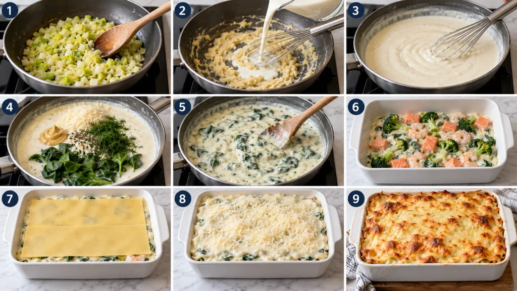Step-by-step preparation of Mary Berry Fish Lasagne with creamy sauce, fish, vegetables and lasagne sheets