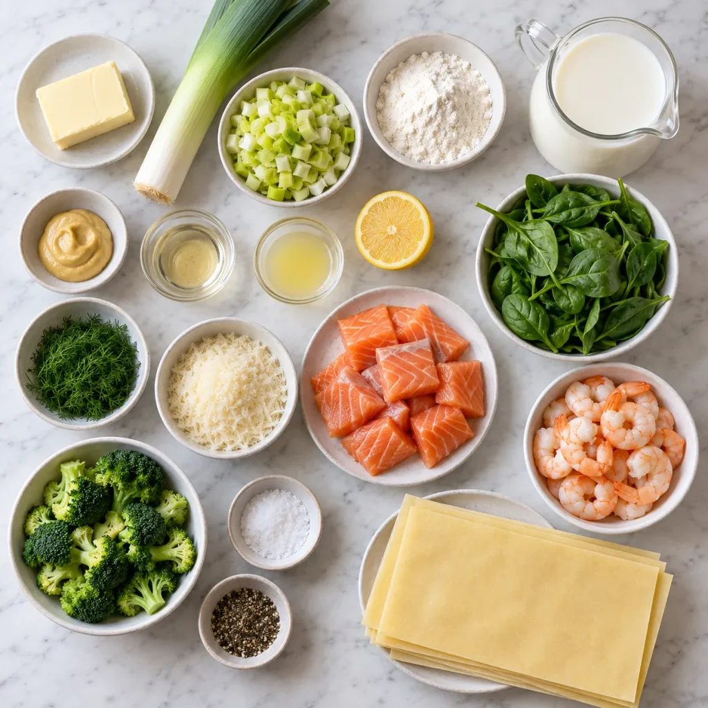 Ingredients for Mary Berry Fish Lasagne Recipe including salmon, king prawns, broccoli, spinach and leek