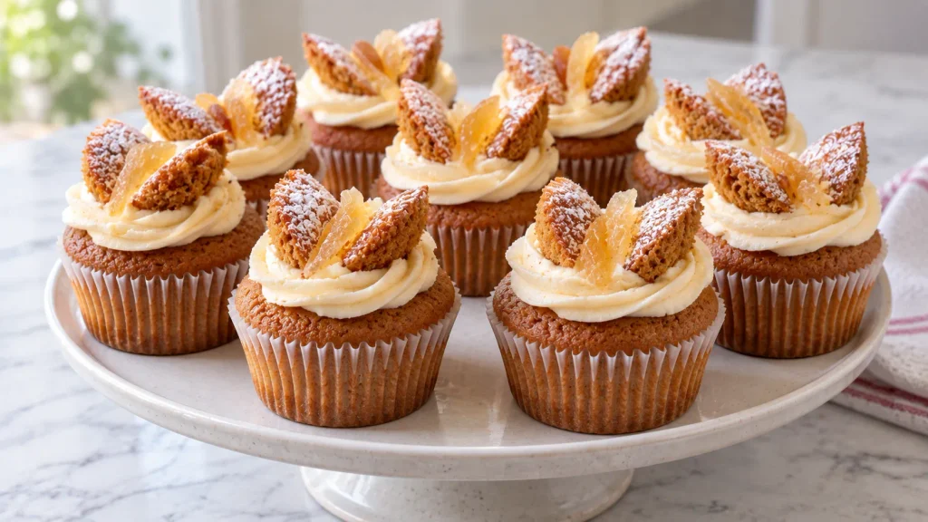 Mary Berry Ginger Cupcakes Recipe topped with piped ginger buttercream and a butterfly-style sponge decoration