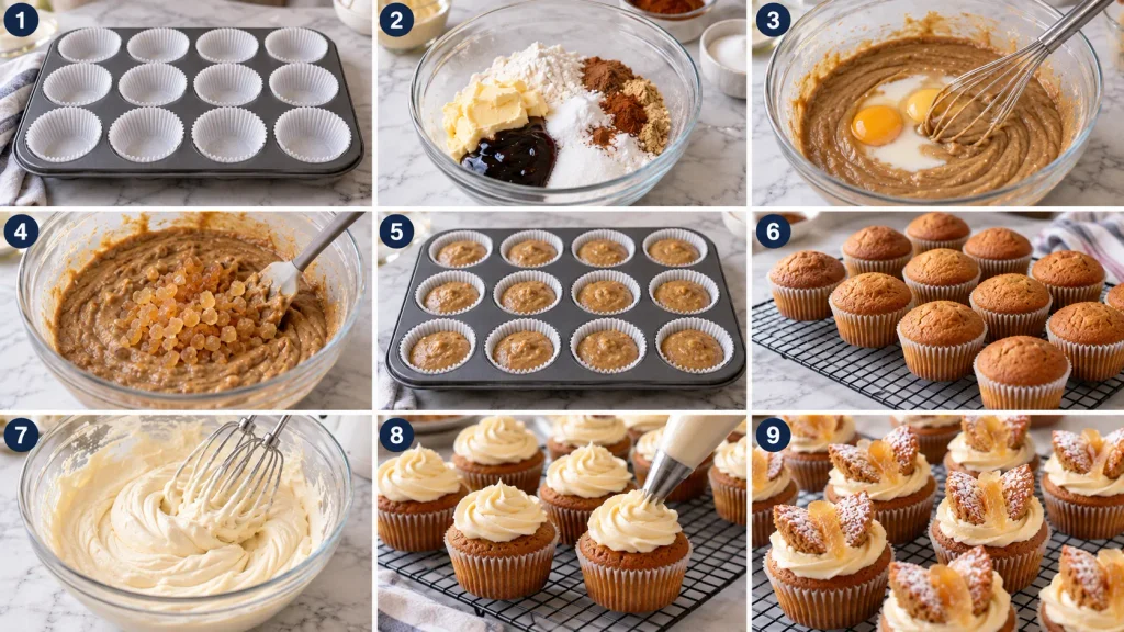 Step-by-step baking process for ginger cupcakes, from mixing the spiced batter to piping ginger buttercream