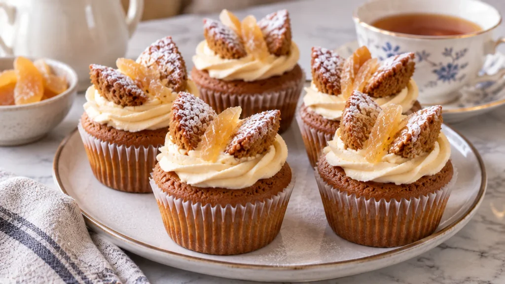Ginger cupcakes garnished with sliced stem ginger and a dusting of icing sugar, served for afternoon tea