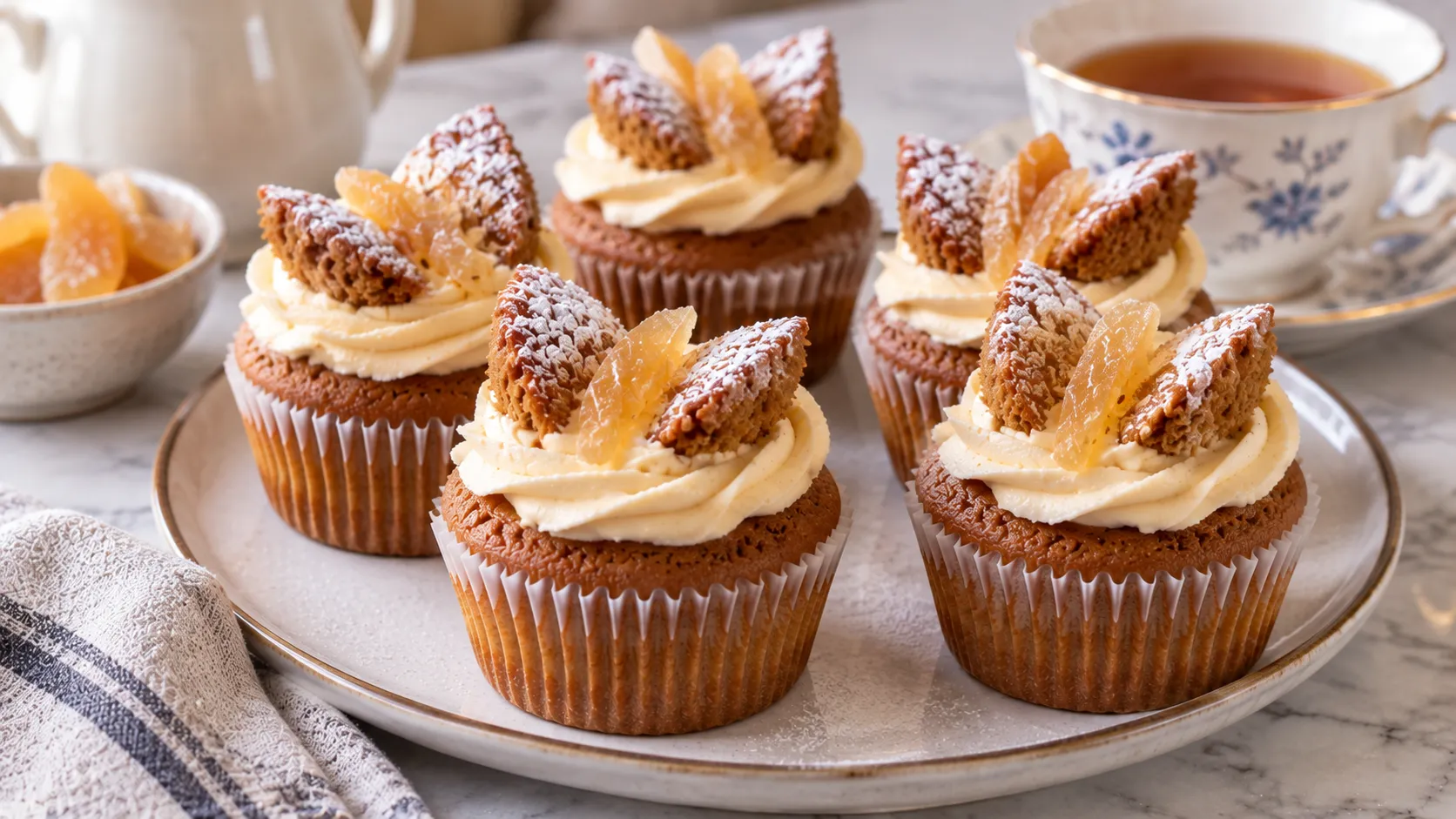 Mary Berry Ginger Cupcakes Recipe topped with piped ginger buttercream and a butterfly-style sponge decoration