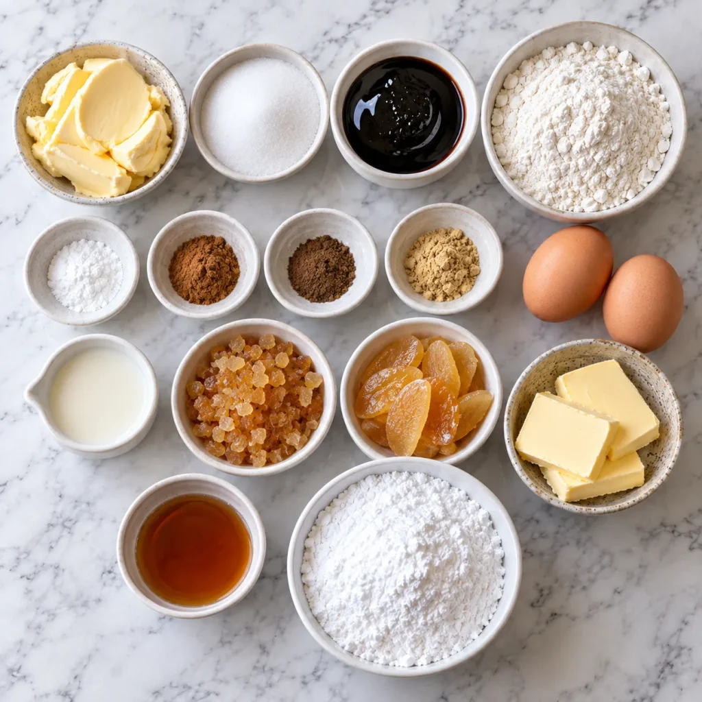 Flat-lay of ingredients for Mary Berry Ginger Cupcakes Recipe including black treacle, stem ginger, self-raising flour and butter