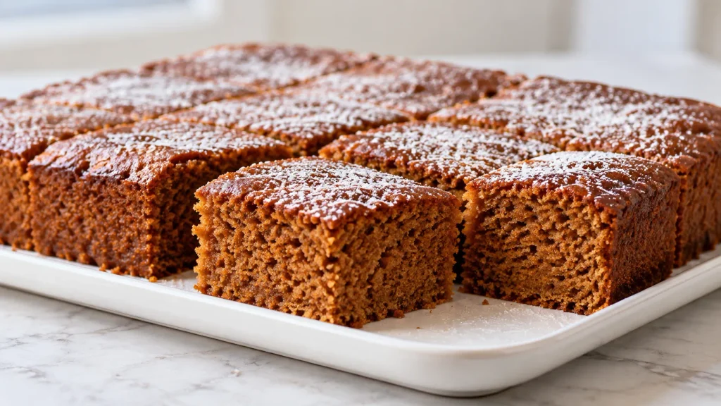 Mary Berry gingerbread traybake sliced into squares on a wire rack
