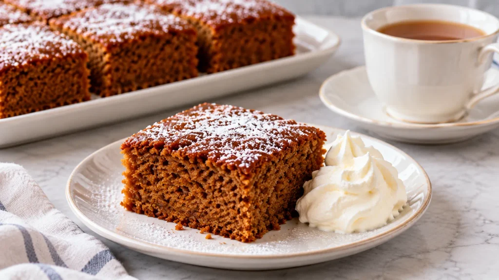 Slice of gingerbread traybake served with a cup of tea