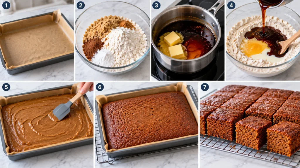 Step-by-step panels showing gingerbread traybake batter being mixed, poured, and baked