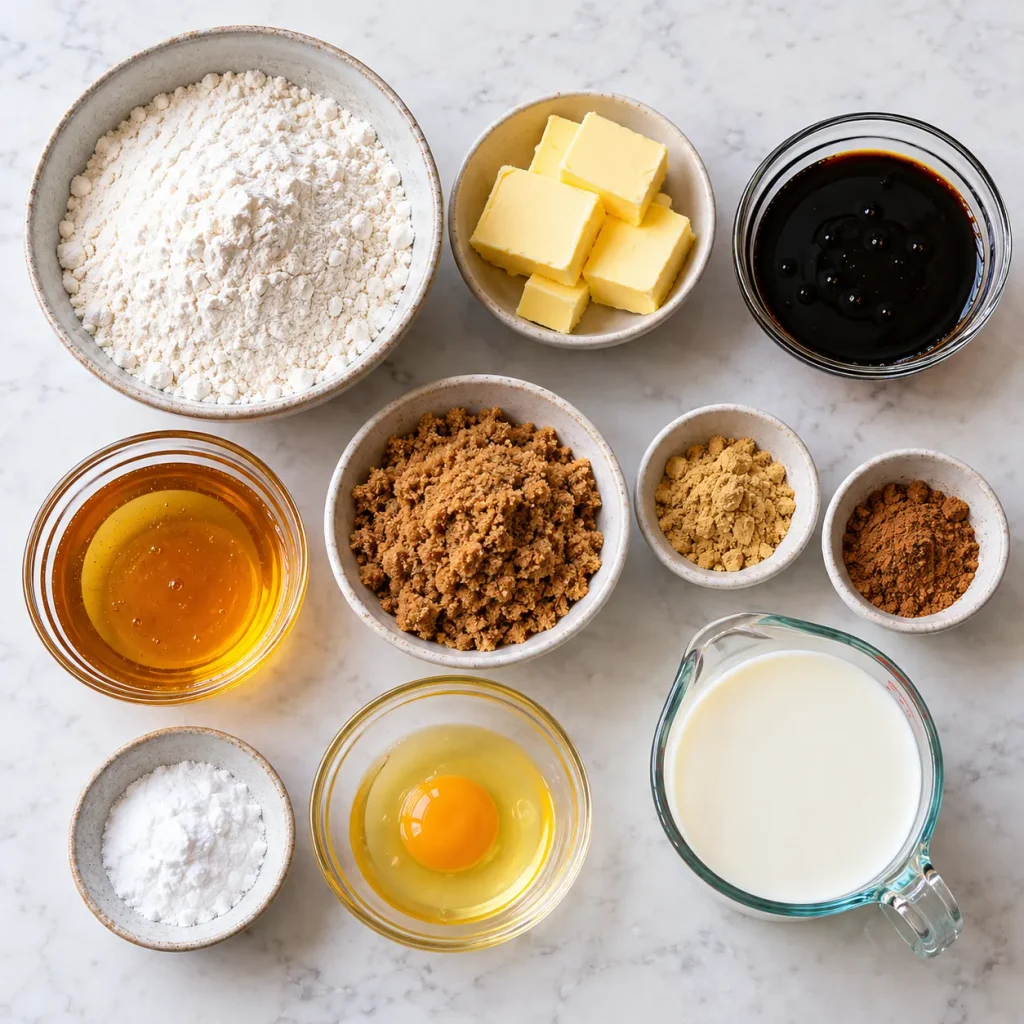 Flat-lay of ingredients for gingerbread traybake including black treacle, golden syrup, and spices