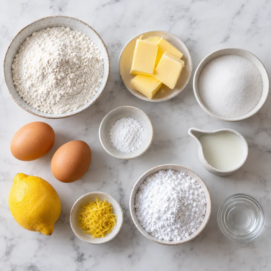 Ingredients for Mary Berry Gluten Free Cupcakes including gluten-free flour, butter, eggs, lemon and icing sugar