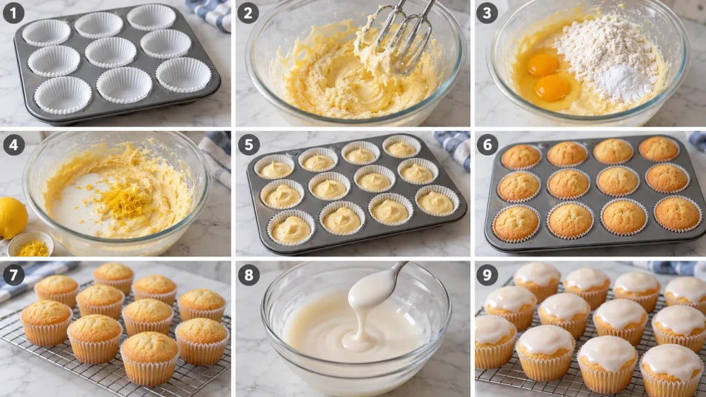 Step-by-step preparation of Mary Berry Gluten Free Cupcakes from mixing the batter to adding icing