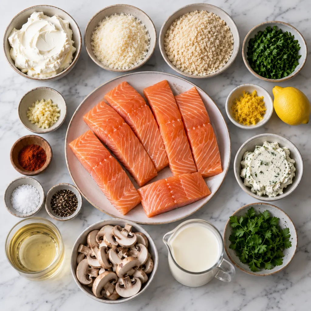 Ingredients for Mary Berry Herb Crusted Salmon Recipe arranged for preparation